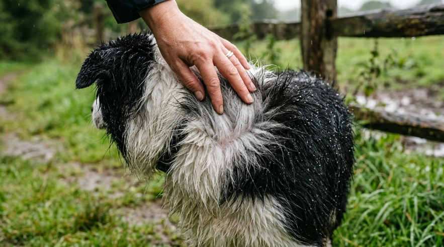 Close-up of a wet Border Collie double coat showing guard hairs and dense undercoat after rain.