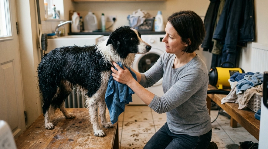 Owner towel-drying a wet Border Collie and checking the dense undercoat after rain.