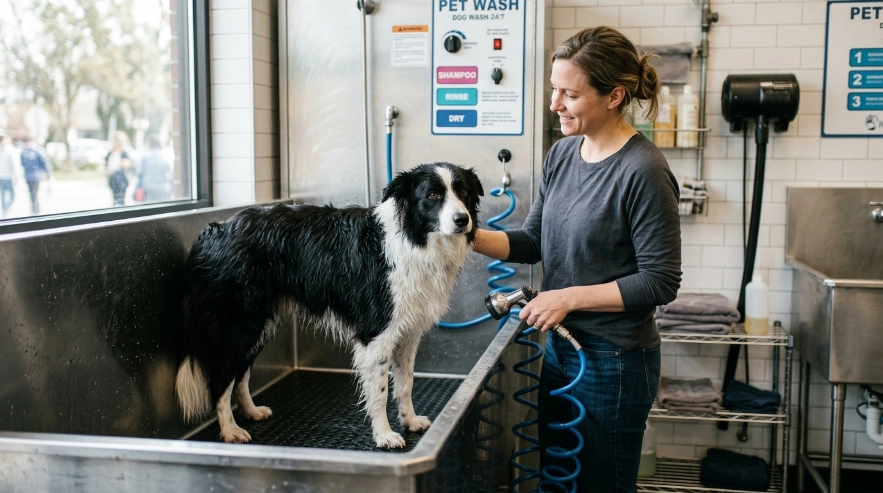Border Collie standing calmly in a raised self-service dog wash tub