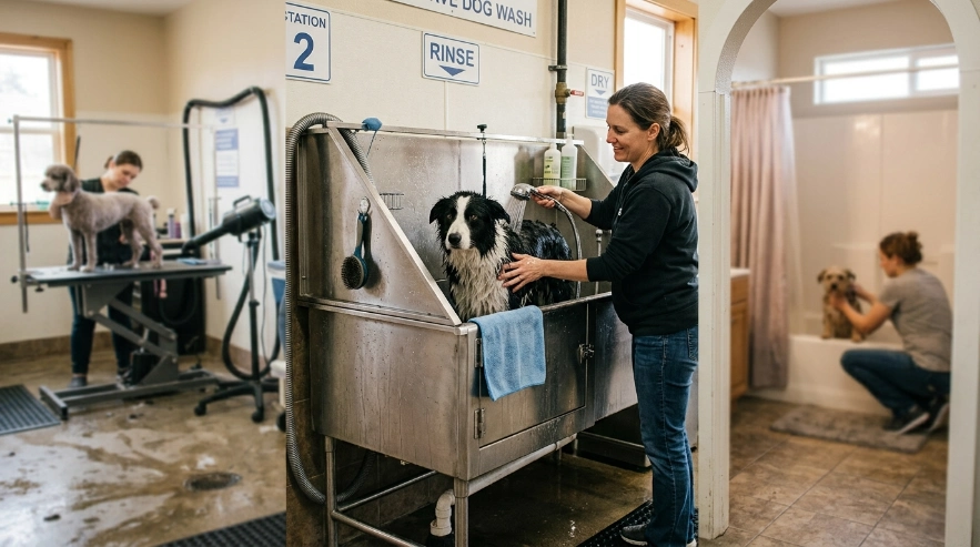 Border Collie grooming comparison showing self-service wash, home bath, and professional groomer