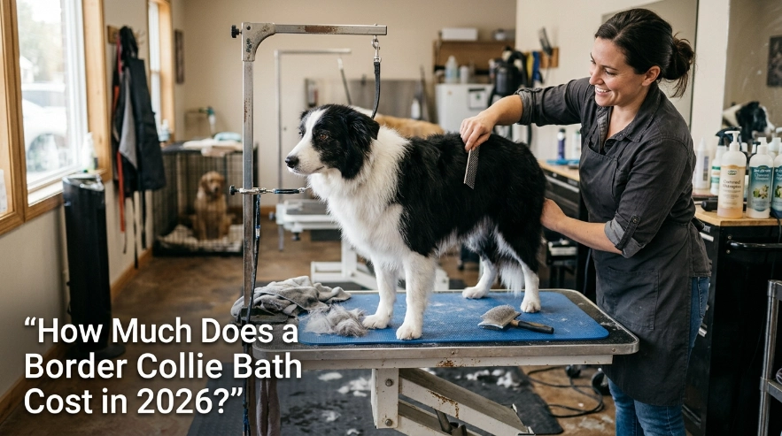 Border Collie after professional salon bath representing 2026 bath and grooming costs.