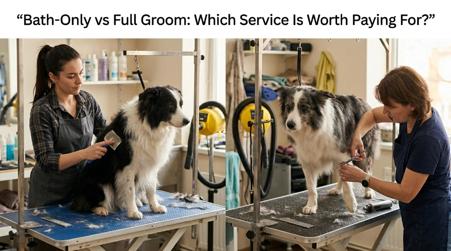 Border Collie bath-only versus full grooming service comparison in a professional salon.