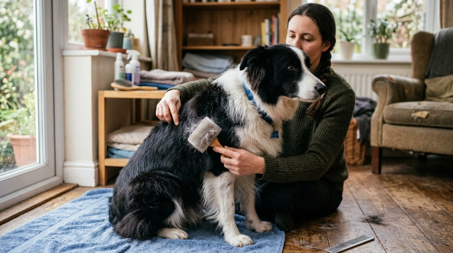 Border Collie double coat grooming and brushing scene