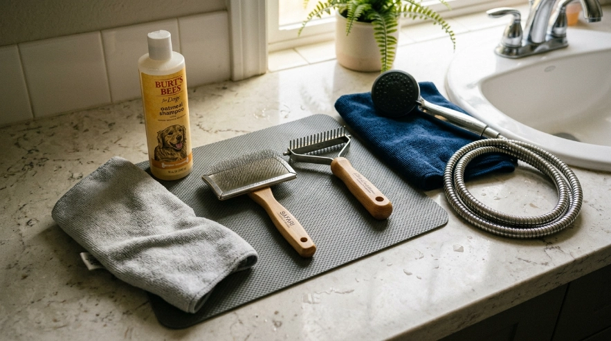 Border Collie home grooming equipment setup