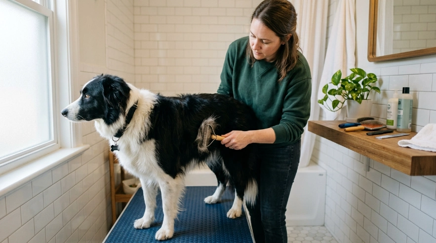 Owner brushing Border Collie double coat before bath.