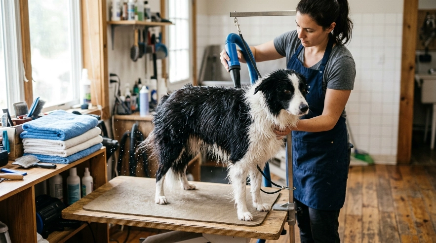 Border Collie drying with high velocity pet dryer.