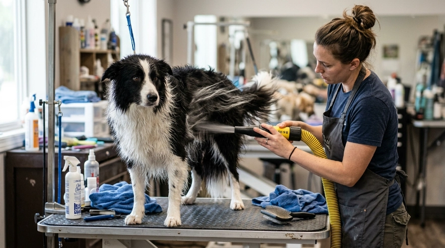 High velocity dryer drying Border Collie coat
