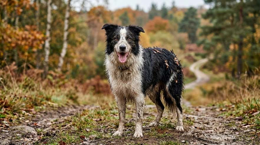 Border Collie thick double coat outdoors showing grooming needs.
