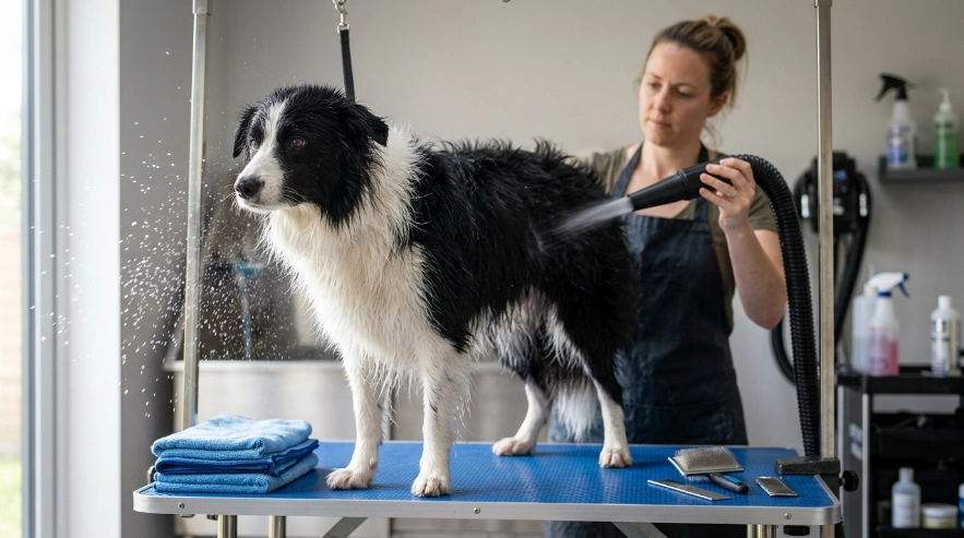 Border Collie being dried after a bath.