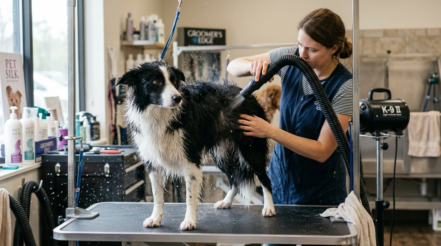 Border Collie being dried after a bath safely