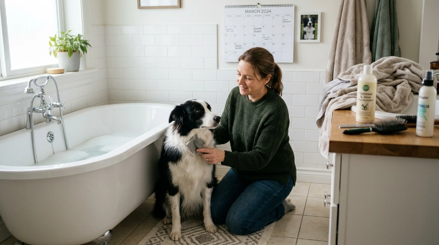 Owner preparing Border Collie bath routine at home.