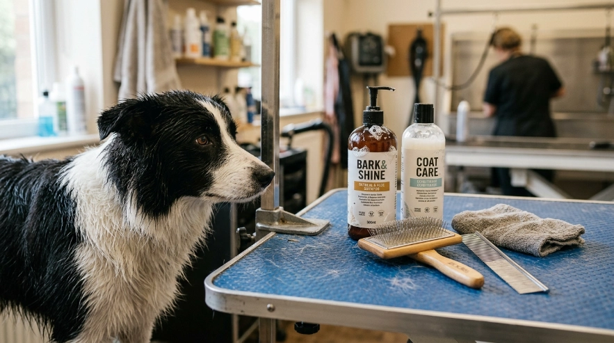 Dog shampoo and grooming products for Border Collie care.