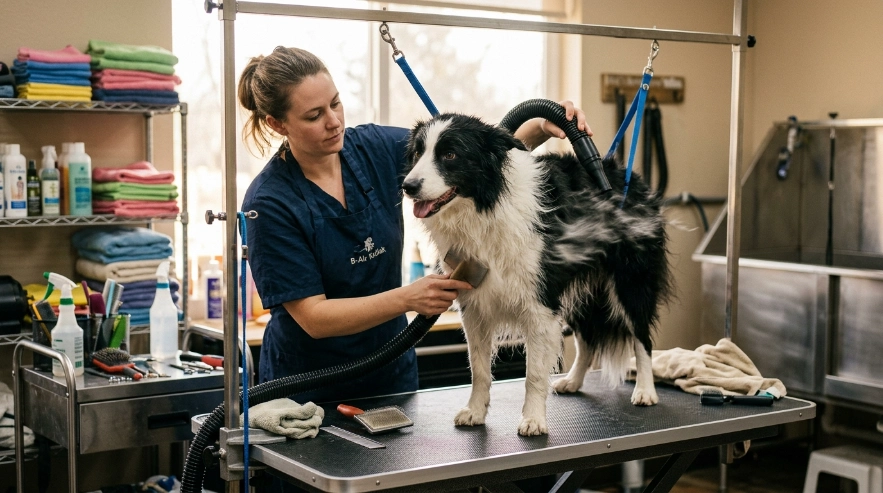 Professional dryer removing moisture from Border Collie coat