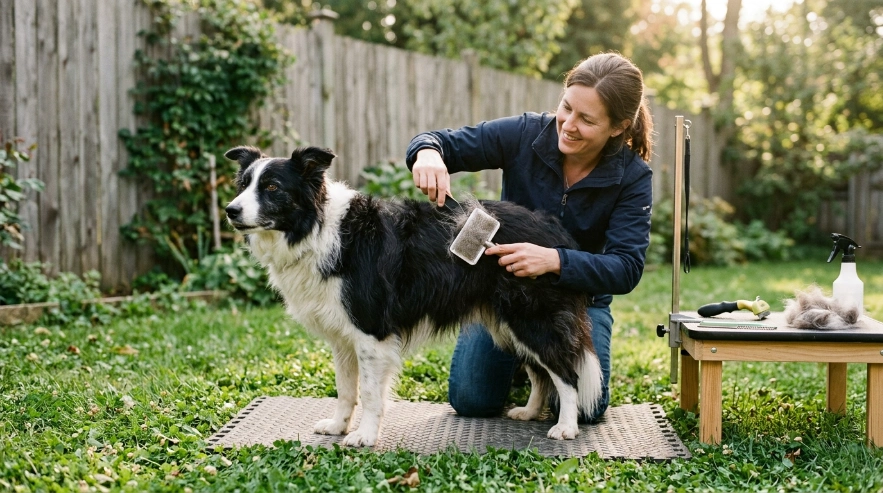 Border Collie double coat brushing and grooming.
