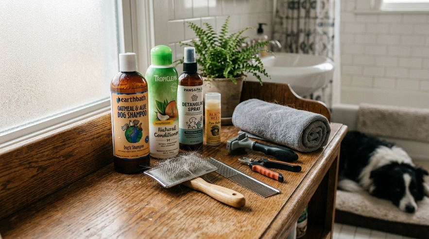 Dog-safe shampoo selection for Border Collie care.