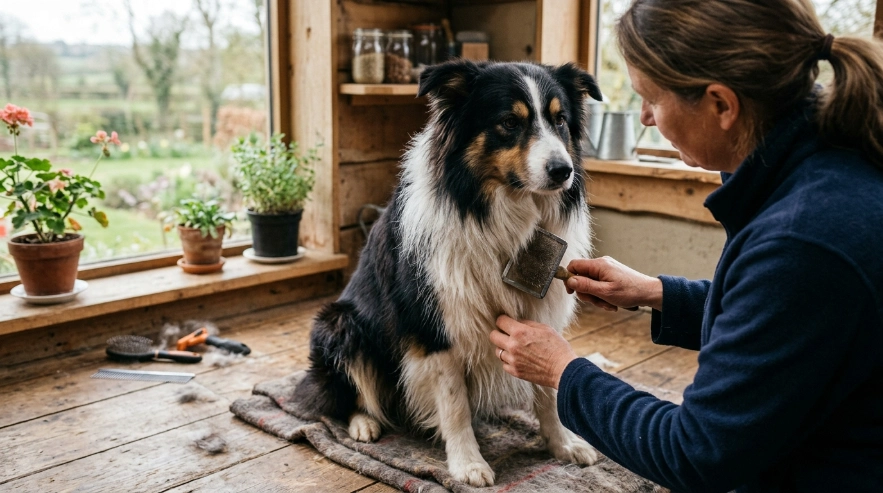 Border Collie double coat grooming close-up