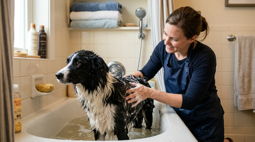 Border Collie getting a careful double coat bath