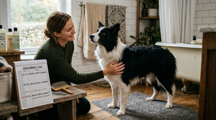 Border Collie receiving proper scheduled bath care at home