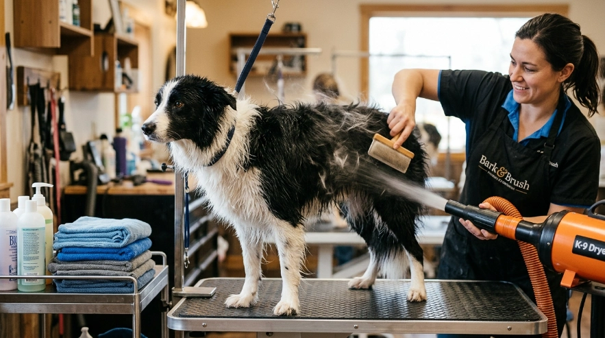 Border Collie being dried after a bath