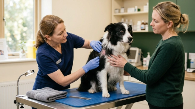 Veterinarian examining a Border Collie for redness, hair thinning, and skin irritation