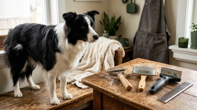 Undercoat rake, slicker brush, deshedding blade and comb beside a Border Collie.