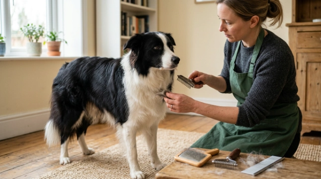 Owner stopping a deshedding rake after meeting resistance in a Border Collie coat.