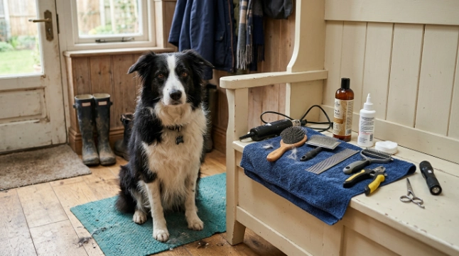 Border Collie with pin brush, slicker, comb, rake, nail tools, shampoo, towels,