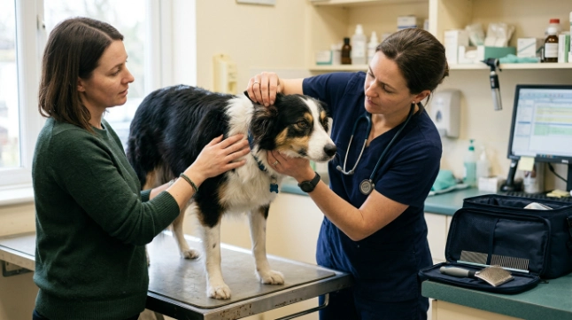 Veterinarian examining a Border Collie’s coat and ear while its owner assists calmly.