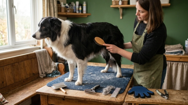 Pin brush, slicker, undercoat rake, comb, and grooming mitt beside a Border Collie
File Name: border-collie-brush-types-best-job-photo.jpg