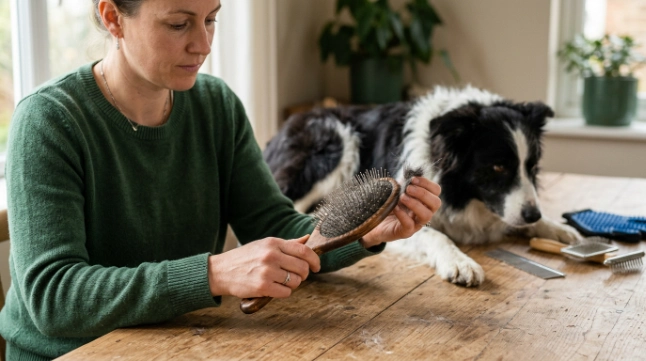Owner examining pin length, rounded tips, handle, and size of a Border Collie grooming brush