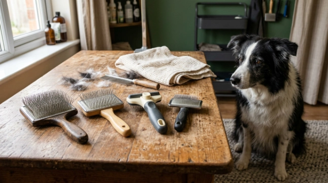 Four slicker brush designs displayed beside a rough-coated Border Collie