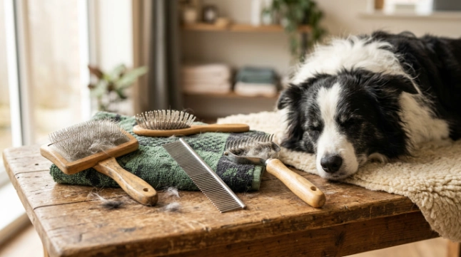 Slicker brush, pin brush, metal comb, and undercoat rake beside a Border Collie