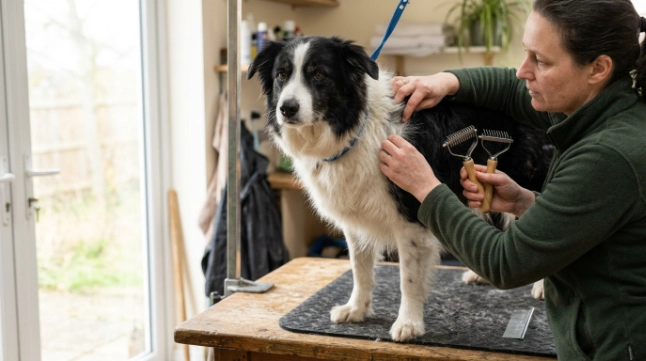 Comparing rounded undercoat rake teeth for a Border Collie's dense double coat.