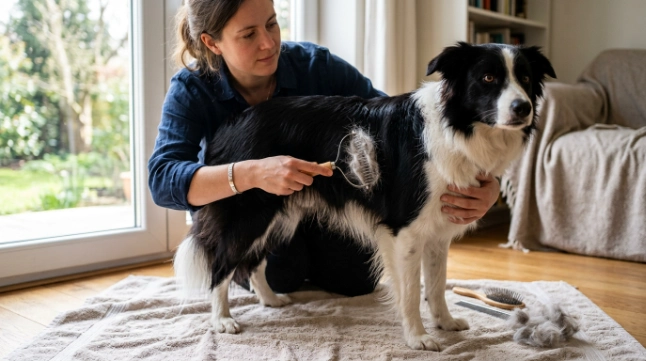 Border Collie receiving gentle undercoat raking during a heavier seasonal shedding period