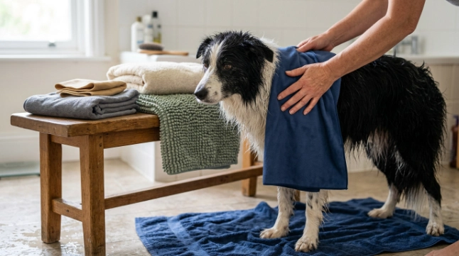 Best dog towel for Border Collie comparison with microfiber, chenille, cotton, shammy and drying robe