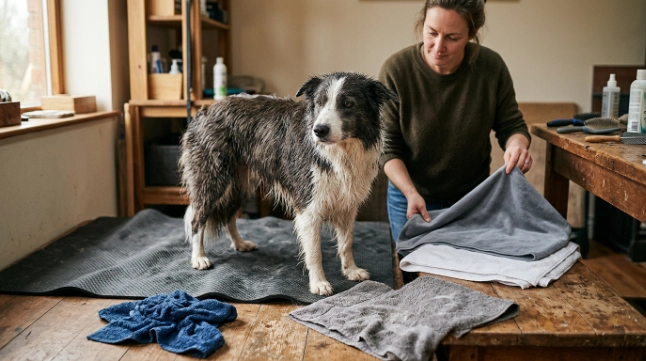 Large microfiber towel beside unsuitable small and rough towels for a wet Border Collie
