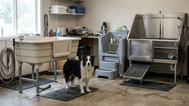 Border Collie beside elevated plastic, compact grooming, and stainless steel dog bathtubs