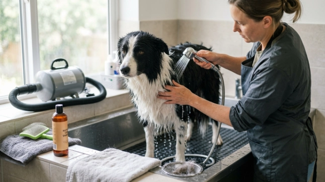 Border Collie being rinsed in elevated dog tub with sprayer reaching through the dense double coat