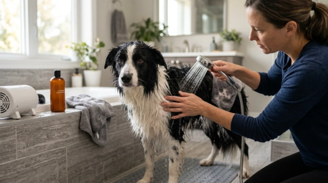 Gentle Border Collie bathing with moderate spray pressure and thorough double-coat rinsing