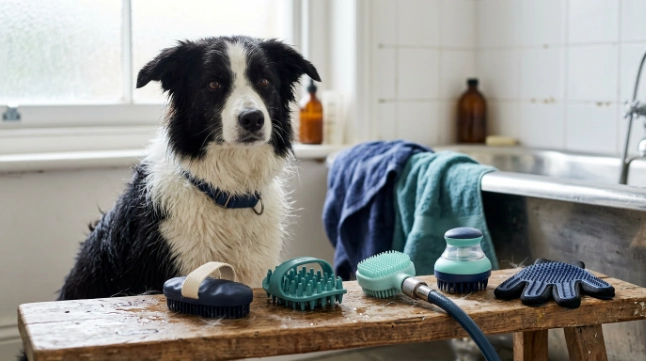 Five best bath brush for Border Collie styles beside a rough-coated dog