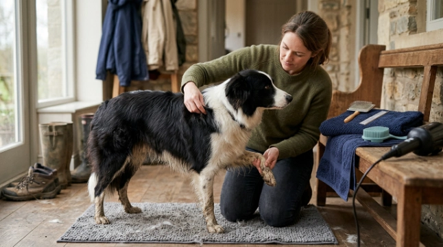 Border Collie grooming station with bath brush, comb, towel and dryer after a muddy walk
