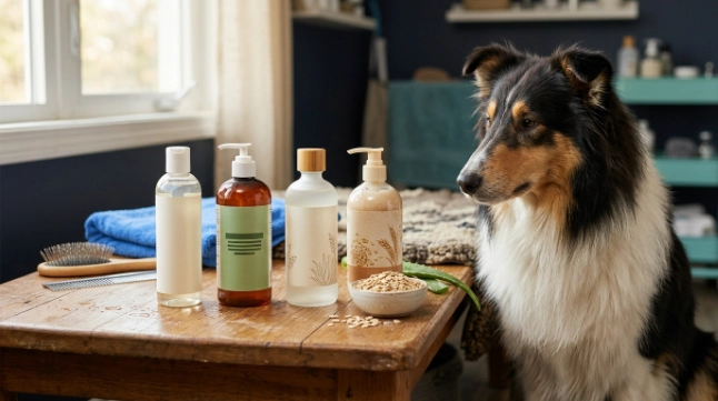 Best hypoallergenic shampoo for Border Collie options beside a rough-coated dog and grooming tools