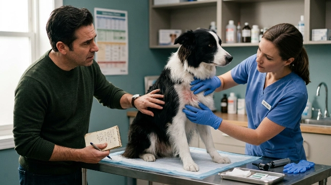 Veterinarian examining a Border Collie with persistent itching, redness, and thinning fur