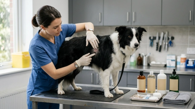 Veterinarian examines Border Collie skin while comparing medicated shampoo types for different conditions