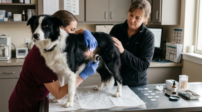  Veterinarian examines recurring Border Collie skin irritation that may need diagnosis beyond medicated shampoo
