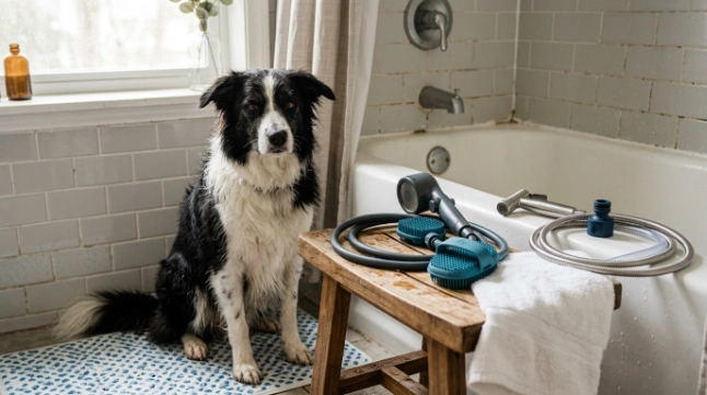 Best puppy shampoo for Border Collie options shown beside a puppy with oatmeal, sensitive-skin, and mild formulas
