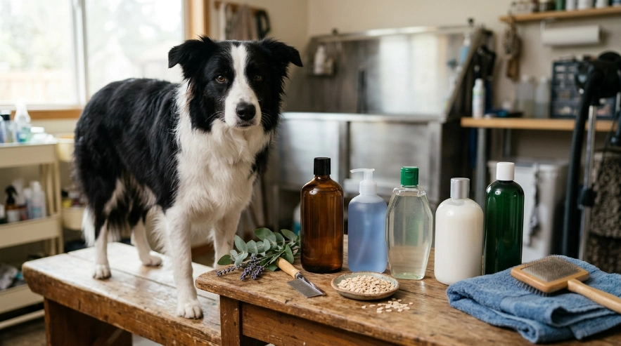 Border Collie beside five unlabeled flea shampoos representing different treatment formulas