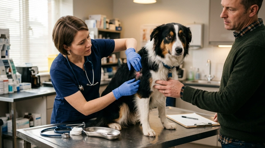 Veterinarian examining irritated skin beneath a Border Collie's coat after persistent flea symptoms