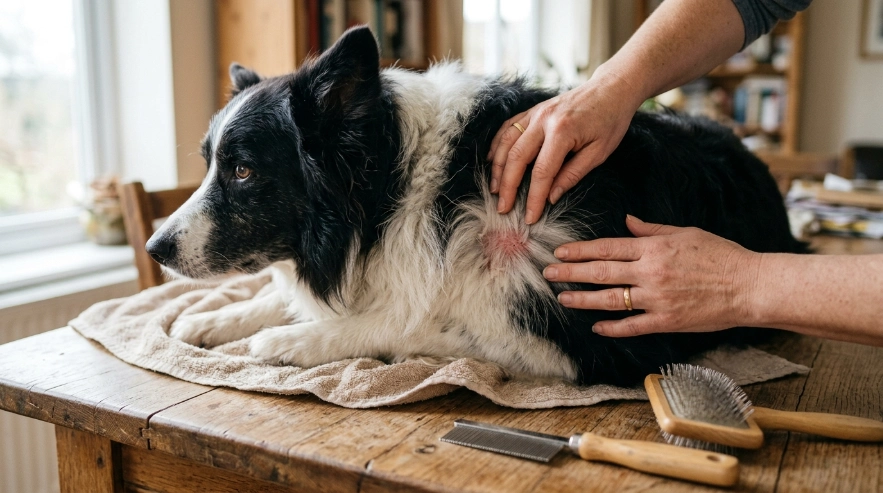 Owner parts a Border Collie's double coat to inspect redness, flakes and possible causes of itching.