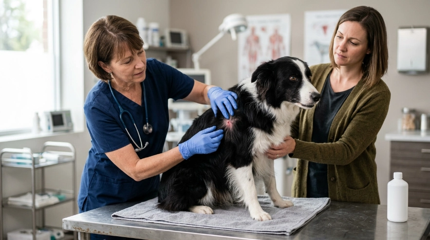 Veterinarian examines irritated skin beneath a Border Collie's coat after persistent itching.
